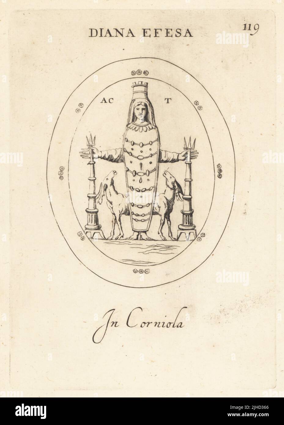 Curieuse figure de Diana d'Éphèse avec son corps à l'intérieur d'un hydria ou d'une cruche d'eau, comme l'Osiris de Canopus. Avec couronne tourbée et voile, et deux cerfs. En carnélien. Diana Efesa. À corniola. Gravure de coperplate par Giovanni Battista Galestuzzi d'après Leonardo Agostini de gemmae et Sculpturae Antiquae Depitti ab Leonardo Augustino Senesi, Abraham Blooteling, Amsterdam, 1685. Banque D'Images