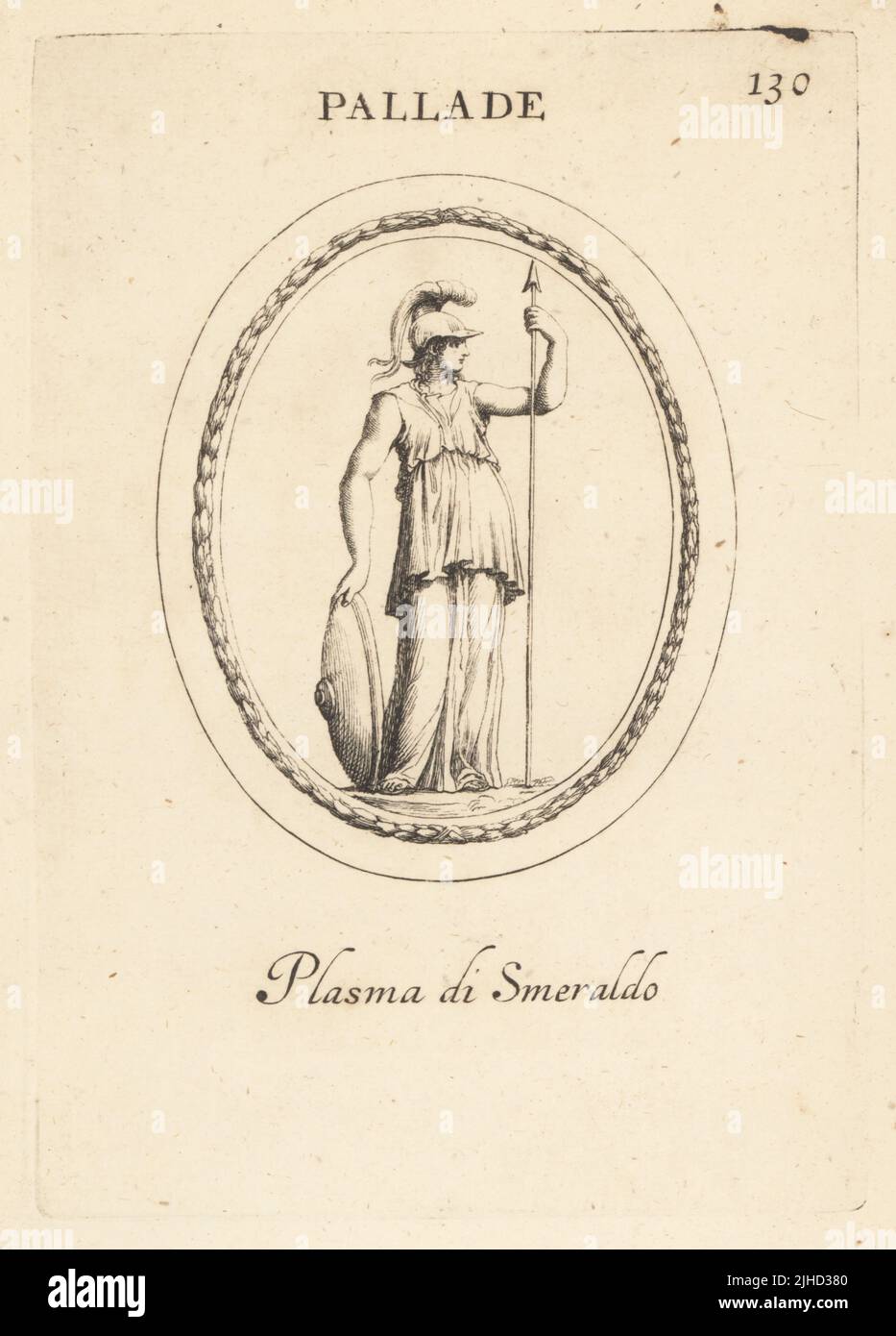 Figure de Pallas, fille de Triton dans la mythologie grecque, avec bouclier, lance et casque. Dans le plasma émeraude. Pallade. Plasma di smeraldo. Gravure de coperplate par Giovanni Battista Galestuzzi d'après Leonardo Agostini de gemmae et Sculpturae Antiquae Depitti ab Leonardo Augustino Senesi, Abraham Blooteling, Amsterdam, 1685. Banque D'Images