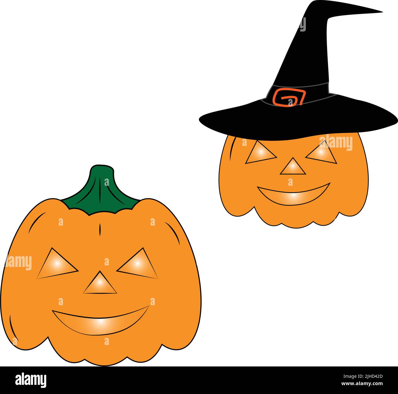 Un ensemble de deux citrouilles d'Halloween orange avec des éléments festifs tels que des yeux lumineux et un chapeau de sorcière. Conception plate. Convient aux autocollants, affiches, invitations, cartes postales Illustration de Vecteur