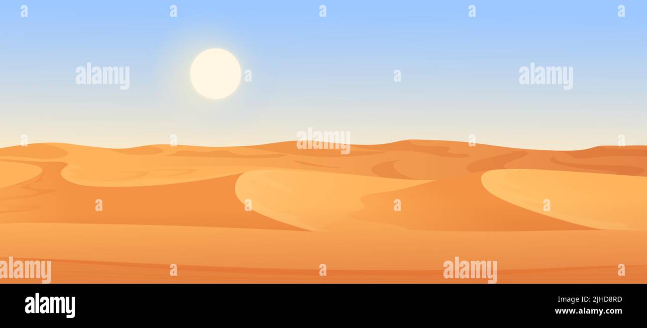 Paysage panoramique sauvage du désert avec illustration vectorielle des dunes. Dessins animés palmiers secs poussant sur des collines de terre de sable jaune sous le ciel bleu avec le fond chaud de soleil. Sécheresse, nature, nature sauvage concept Illustration de Vecteur