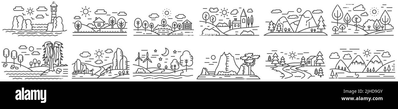 Lignes noires différentes mini scènes paysages avec montagnes, champs de forêt et illustration de vecteur de rivière. Illustration de Vecteur