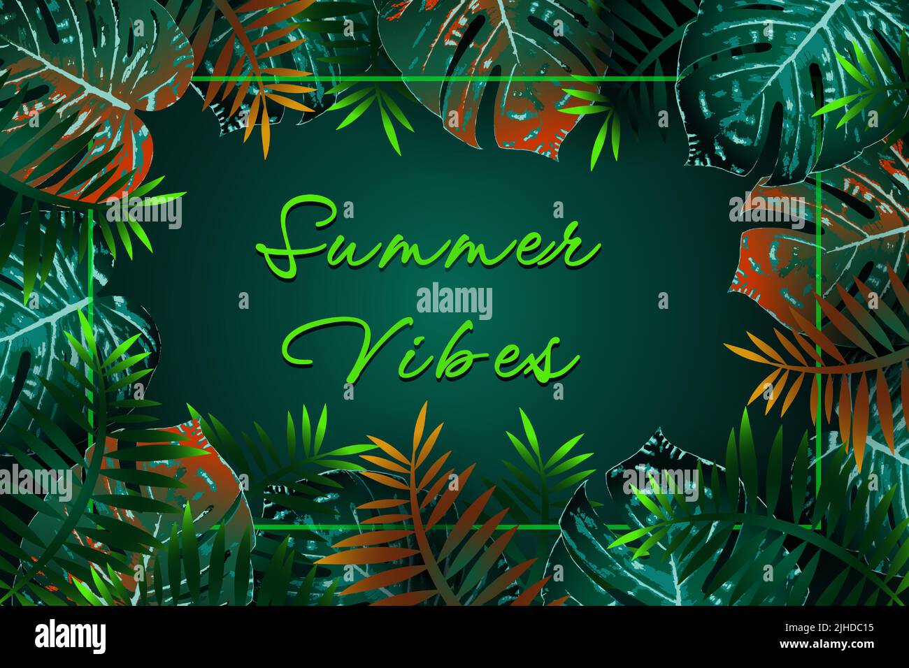 Vibes d'été. Motif circulaire tropical vert d'été avec fleurs tropicales et feuilles de monstère. Conception du cadre. Copier l'espace Illustration de Vecteur