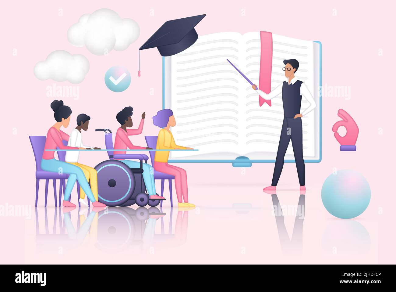 Éducation inclusive, homme avec pointeur enseignant divers groupes d'enfants handicapés. Élèves avec tuteur, enfants assis en fauteuil roulant et illustration vectorielle d'apprentissage. Inclusion, concept de pédalo Illustration de Vecteur