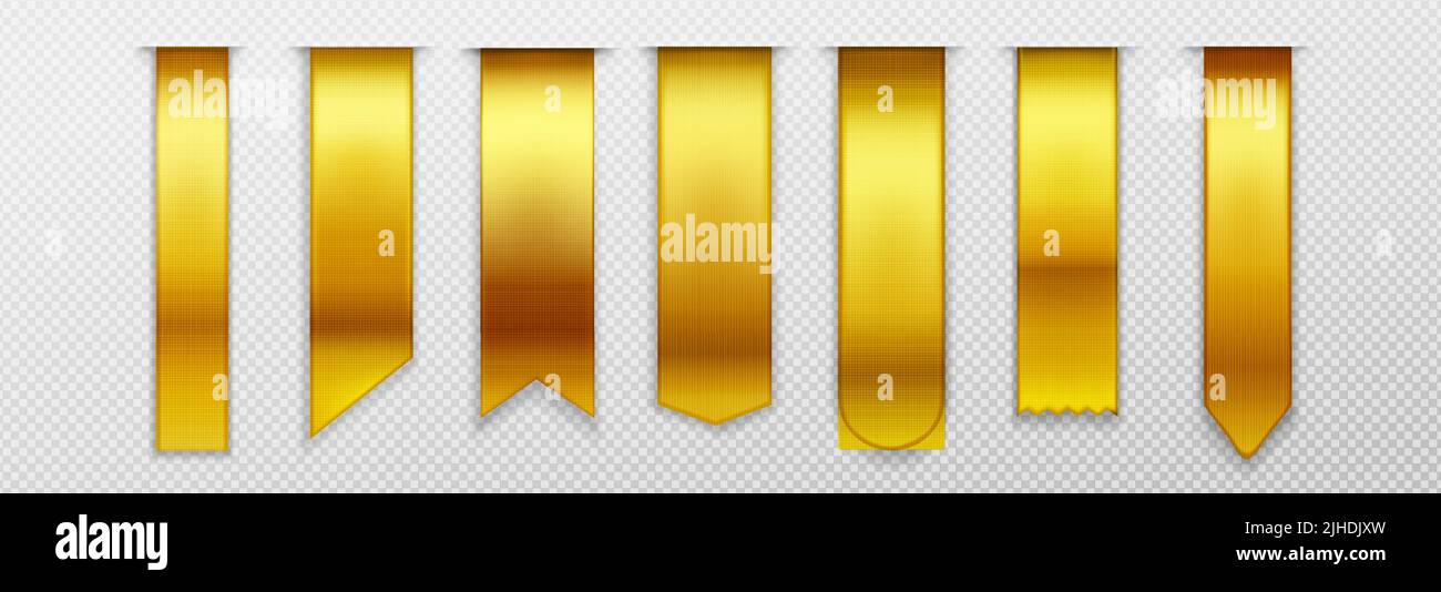 Signets dorés, ruban, maquette de bannière 3D, marques de livre vierges avec bords arrondis, pointus et droits. Toile de soie verticale, modèle de balises, 3D icônes vectorielles réalistes isolées sur fond transparent Illustration de Vecteur