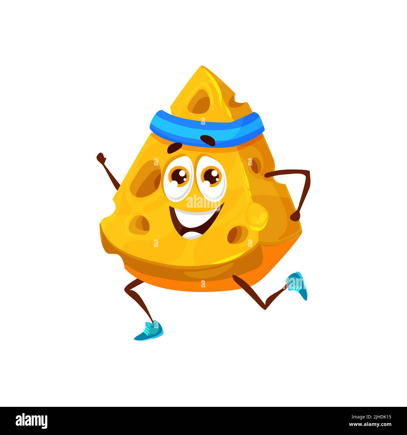 Personnage de dessin animé au fromage, nourriture sur le sport et la forme physique, personnage de vecteur pour enfants. Un joli morceau de fromage amusant avec des trous sur le jogging sportif ou la course de marathon athlétique Illustration de Vecteur