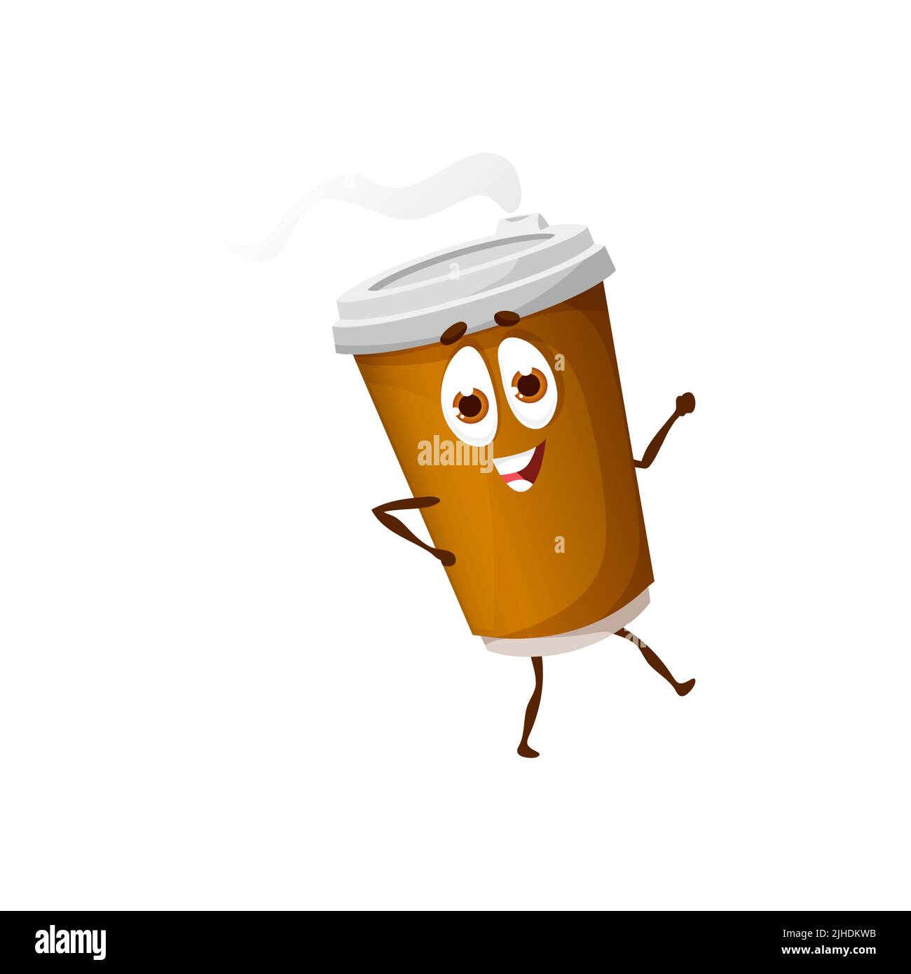Dessin animé café papier tasse personnage danse, vecteur isolé personnage. Boisson chaude amusante à emporter, tasse de latte, cappuccino ou chocolat souriant avec support marron, couvercle et visage mignon Illustration de Vecteur