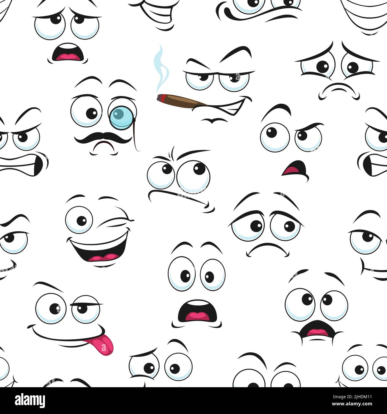 Motif visage souriant, émoticônes drôles et émoticône heureux, fond vectoriel sans couture. Mignon sourire personnages motif de dessin animé kawaii émoticônes rire ou peur, fumer le cigare et avec le monocle ou la langue dehors Illustration de Vecteur