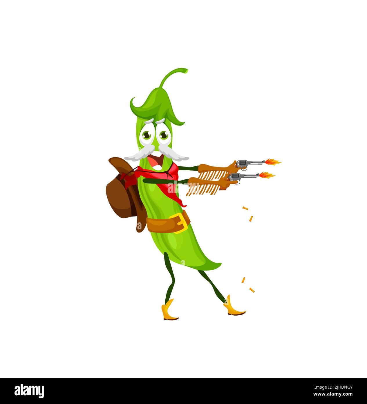 Personnage de dessin animé avec revolvers. Drôle de vecteur vert gousse banndit ou le caractère de robber tirer avec des armes. Garde-manger isolé gangster de légumes porter cowboy chapeau duel ou cambriolage de banque scène occidentale Illustration de Vecteur