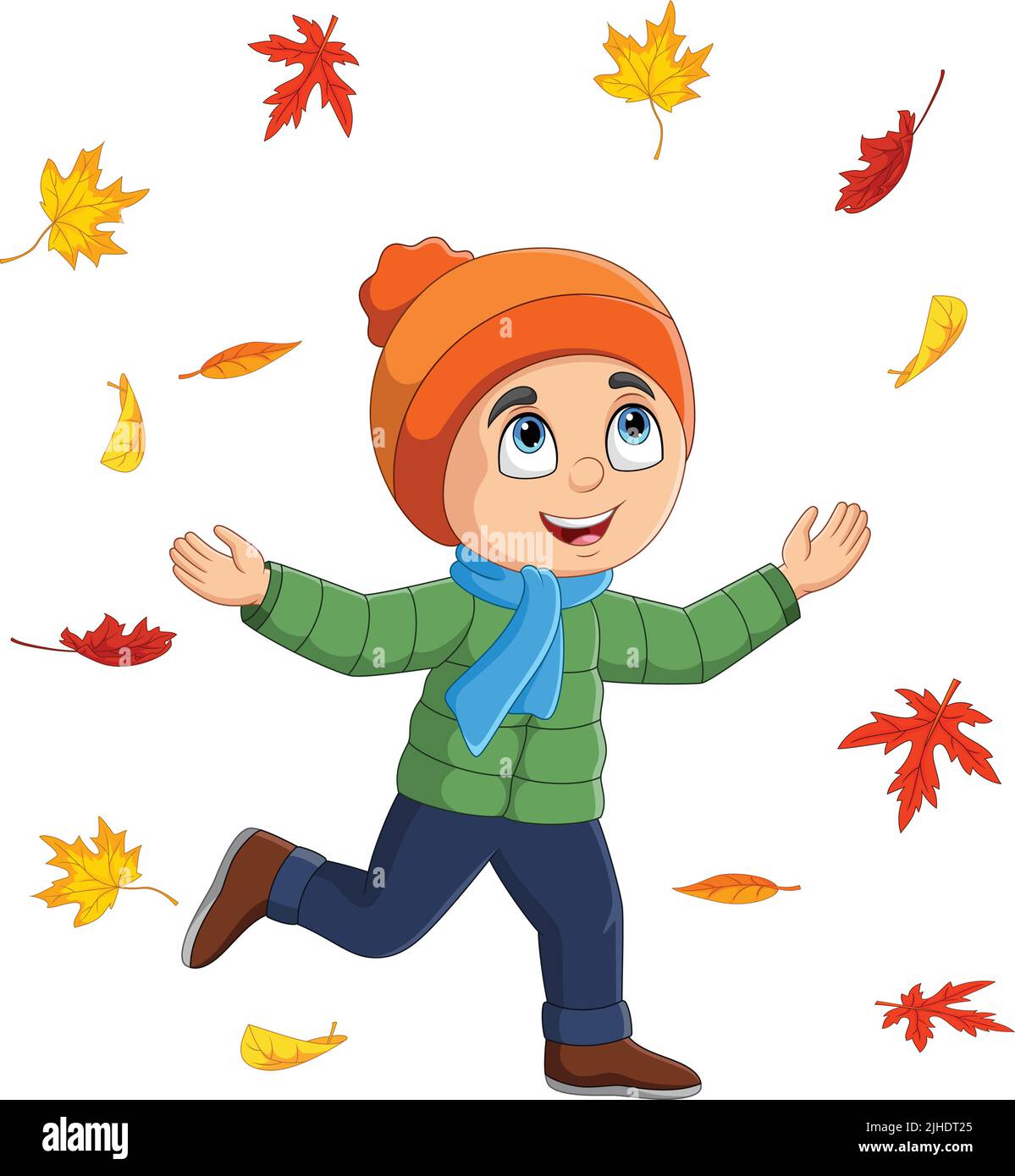 Petit garçon de dessin animé jetant des feuilles d'automne Illustration de Vecteur