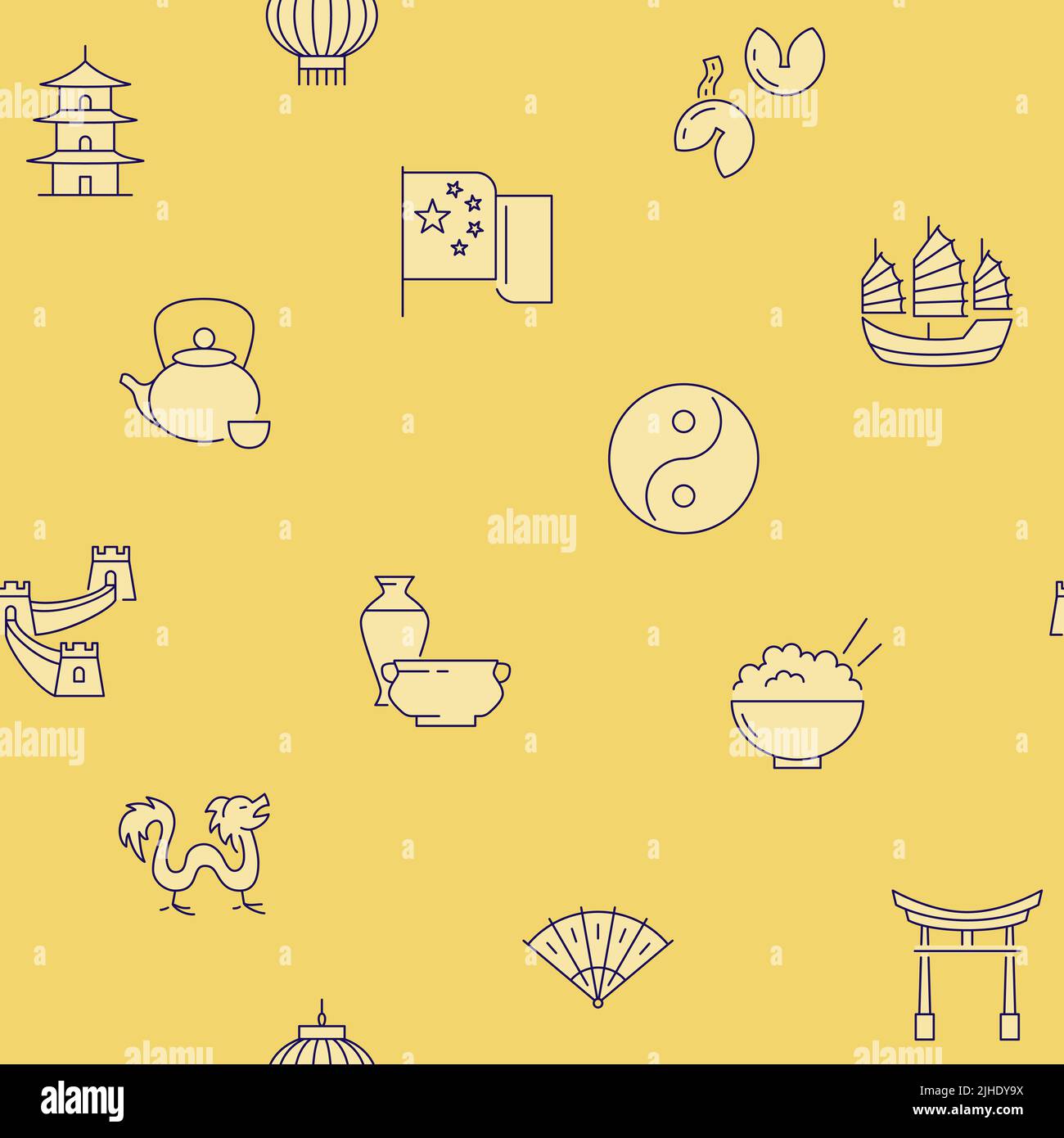 Motif en porcelaine jaune sans coutures dans un style de ligne. Symboles traditionnels de la culture chinoise. Illustration vectorielle. Illustration de Vecteur