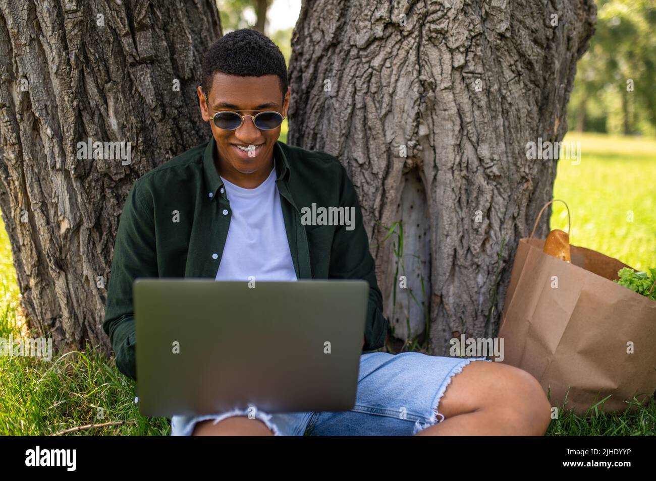 Homme avec ordinateur portable assis près d'un arbre dans la nature Banque D'Images