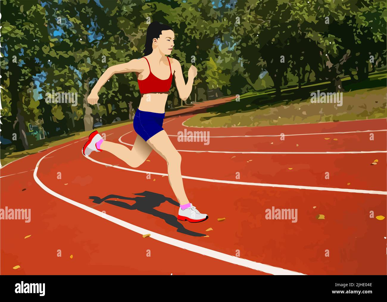 La femme à la course à pied. Piste et champ. Illustration 3d vectorielle Illustration de Vecteur