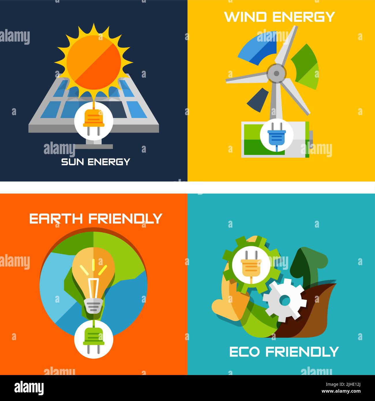 Ensemble de concepts design plat - l'énergie verte. Panneaux solaires, moulin, batterie, ampoules, nature concept de machine Illustration de Vecteur
