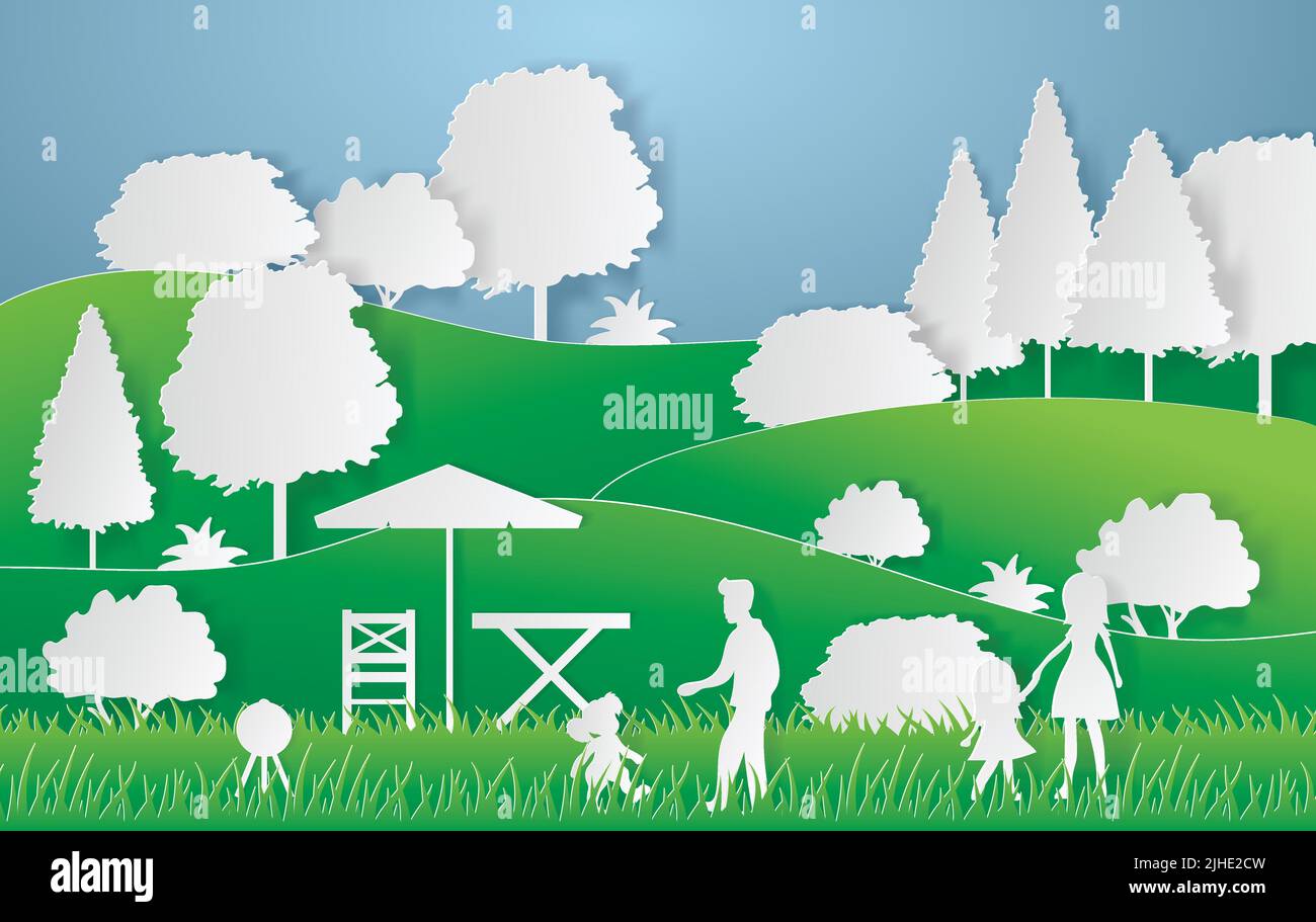 Style de coupe de papier de camping d'été. Concept avec des collines, des arbres, des personnes à un pique-nique. Illustration vectorielle Illustration de Vecteur Style de coupe de papier de camping d'été. Concept avec des collines, des arbres, des personnes à un pique-nique. Illustration vectorielle Illustration de Vecteur