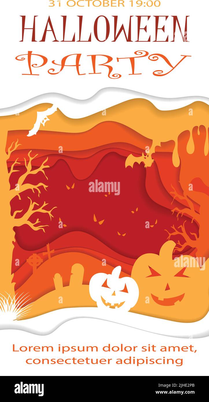 Bonne affiche Halloween. Modèle vectoriel avec symboles de style de coupe de papier. Invitation à la fête. Illustration de Vecteur Bonne affiche Halloween. Modèle vectoriel avec symboles de style de coupe de papier. Invitation à la fête. Illustration de Vecteur