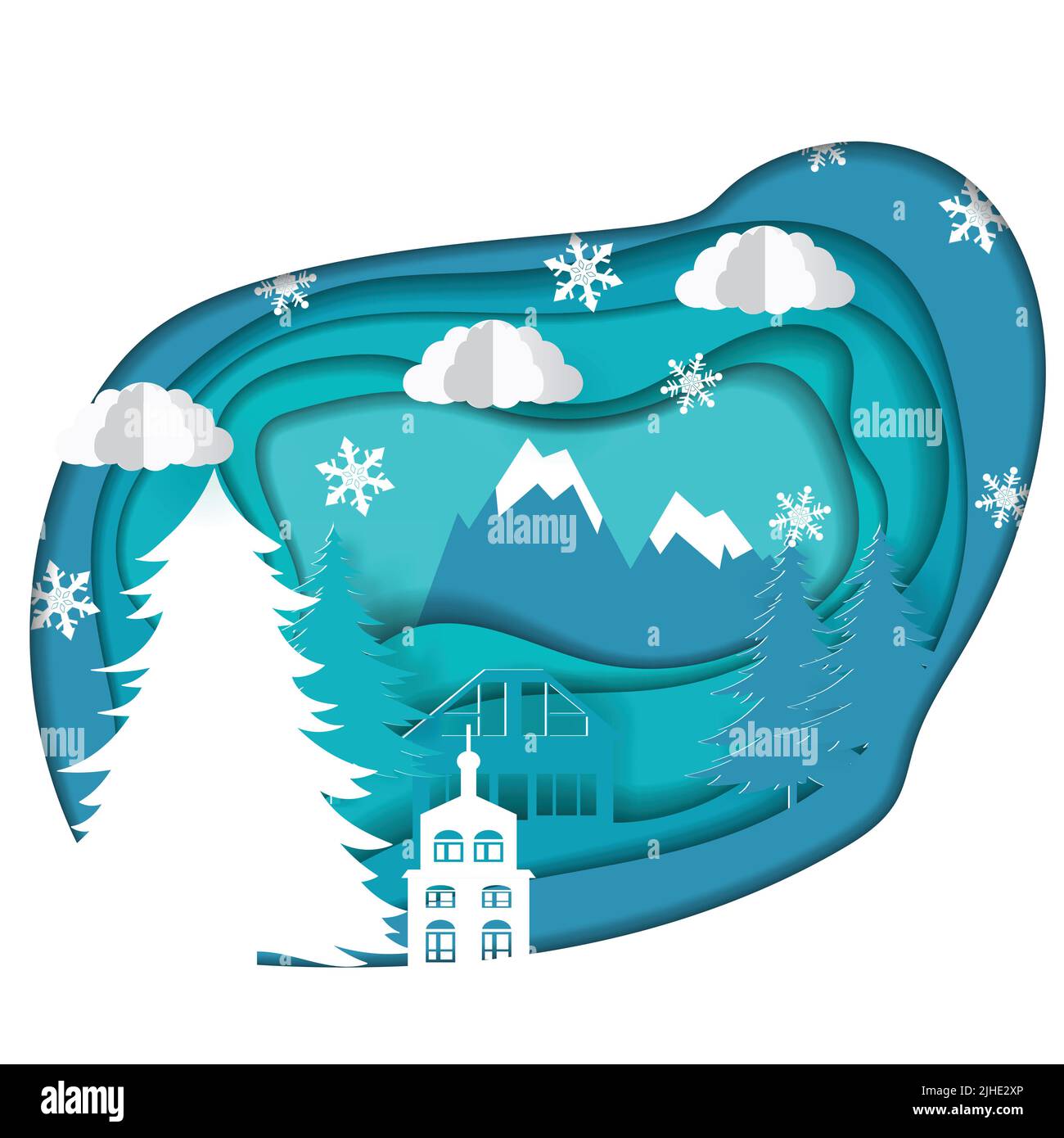 Papier vectoriel. Modèle d'illustration de Noël pour carte de vœux, calendrier, etc. Paysage d'hiver avec cerfs et montagnes Illustration de Vecteur