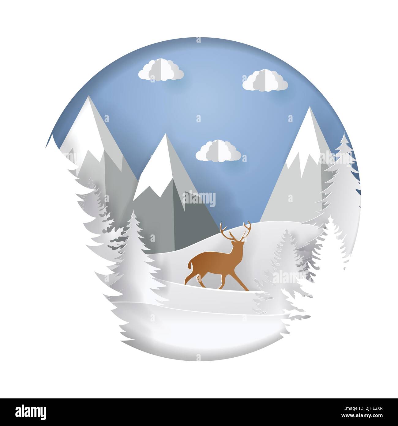 Papier vectoriel. Modèle d'illustration de Noël pour carte de vœux, calendrier, etc. Paysage d'hiver avec cerfs et montagnes Illustration de Vecteur Papier vectoriel. Modèle d'illustration de Noël pour carte de vœux, calendrier, etc. Paysage d'hiver avec cerfs et montagnes Illustration de Vecteur