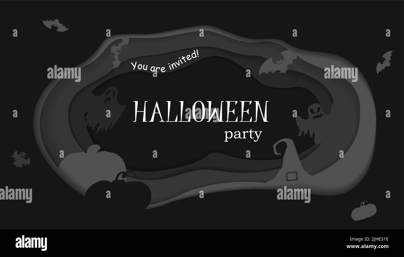 Bonne affiche Halloween. Modèle vectoriel avec symboles de style de coupe de papier. Invitation à la fête. Illustration de Vecteur Bonne affiche Halloween. Modèle vectoriel avec symboles de style de coupe de papier. Invitation à la fête. Illustration de Vecteur