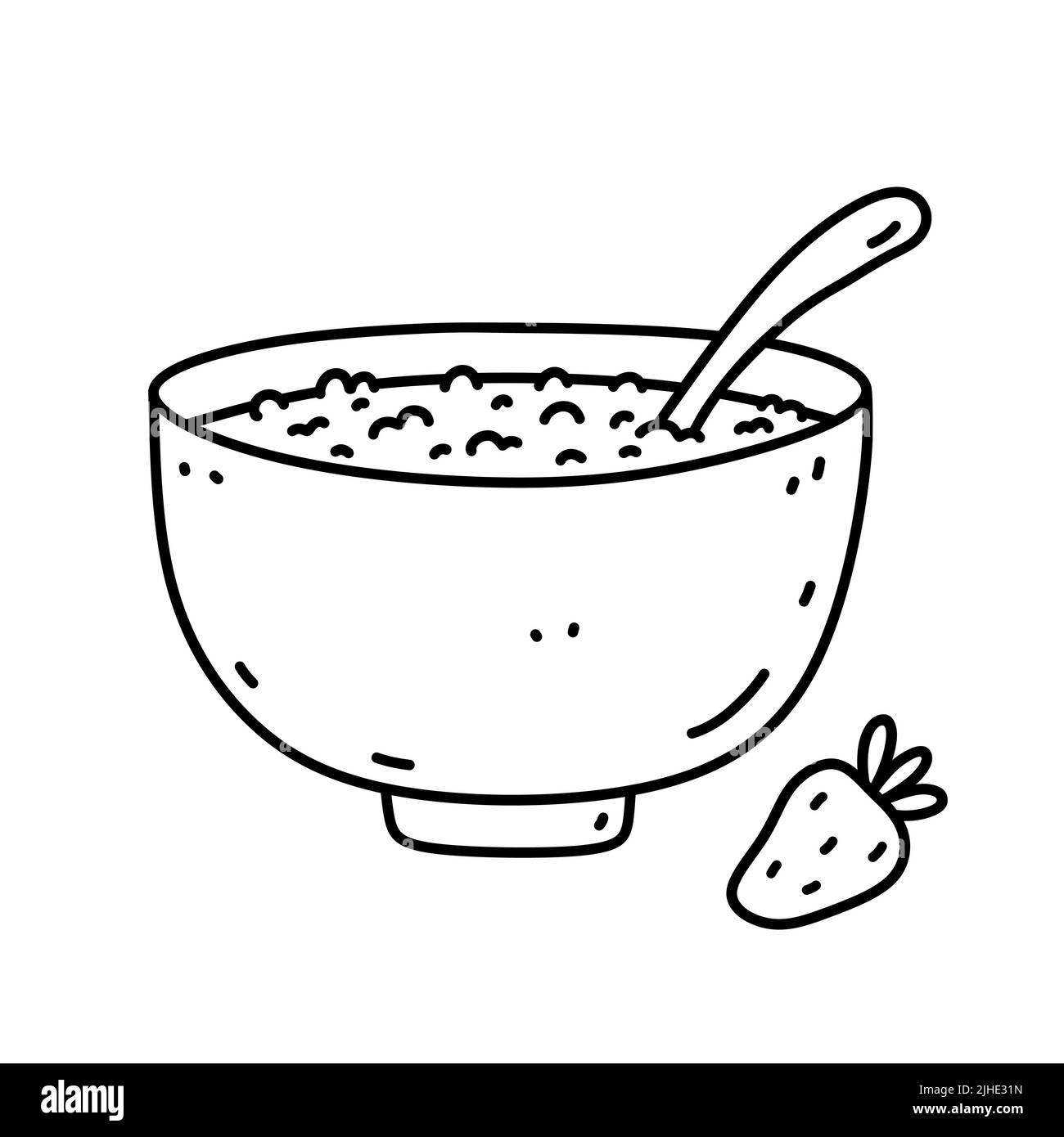 Bol de flocons d'avoine pour le petit déjeuner isolé sur fond blanc. Une alimentation saine. Illustration vectorielle dessinée à la main, style doodle. Parfait pour les recettes, la décoration, le logo, le menu, divers designs. Illustration de Vecteur
