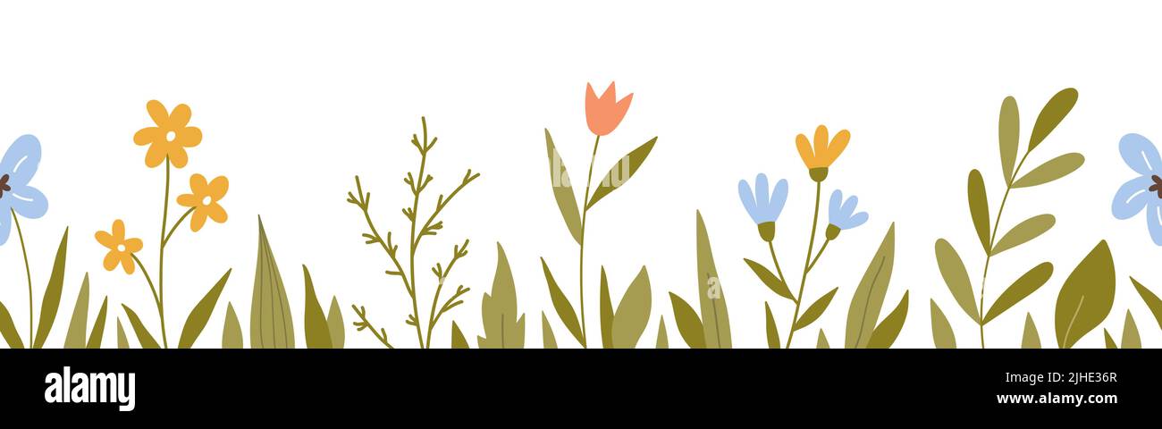 Bordure horizontale sans couture avec fleurs et feuilles mignons. Fond botanique. Idéal pour les décorations, les cartes de vœux et les bannières. Illustration vectorielle de style plat dessiné à la main. Illustration de Vecteur