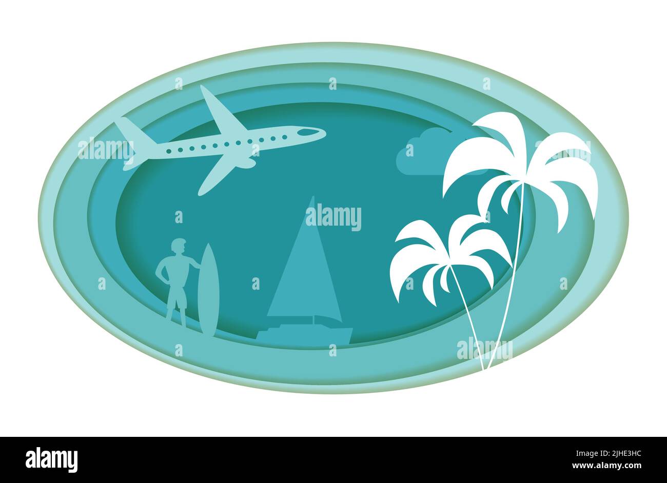 Le monde de la découpe du papier. Concept de l'heure d'été, surf et mer ou océan. Illustration vectorielle. Illustration de Vecteur Le monde de la découpe du papier. Concept de l'heure d'été, surf et mer ou océan. Illustration vectorielle. Illustration de Vecteur