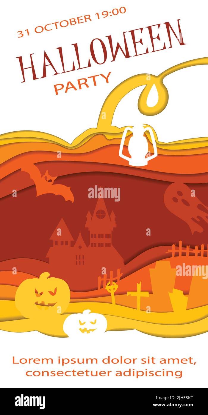 Bonne affiche Halloween. Modèle vectoriel avec symboles de style de coupe de papier. Invitation à la fête. Illustration de Vecteur Bonne affiche Halloween. Modèle vectoriel avec symboles de style de coupe de papier. Invitation à la fête. Illustration de Vecteur
