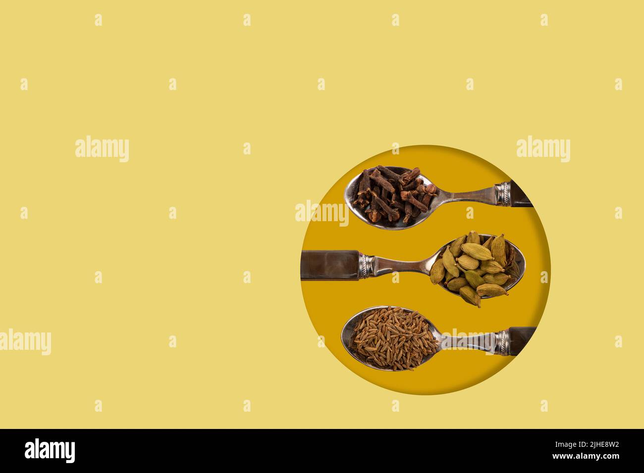 sélection assortiment d'épices indiennes graines de cumin cardamome gousses cardamon clous de girofle exposés sur des cuillères sur un fond jaune coloré Banque D'Images