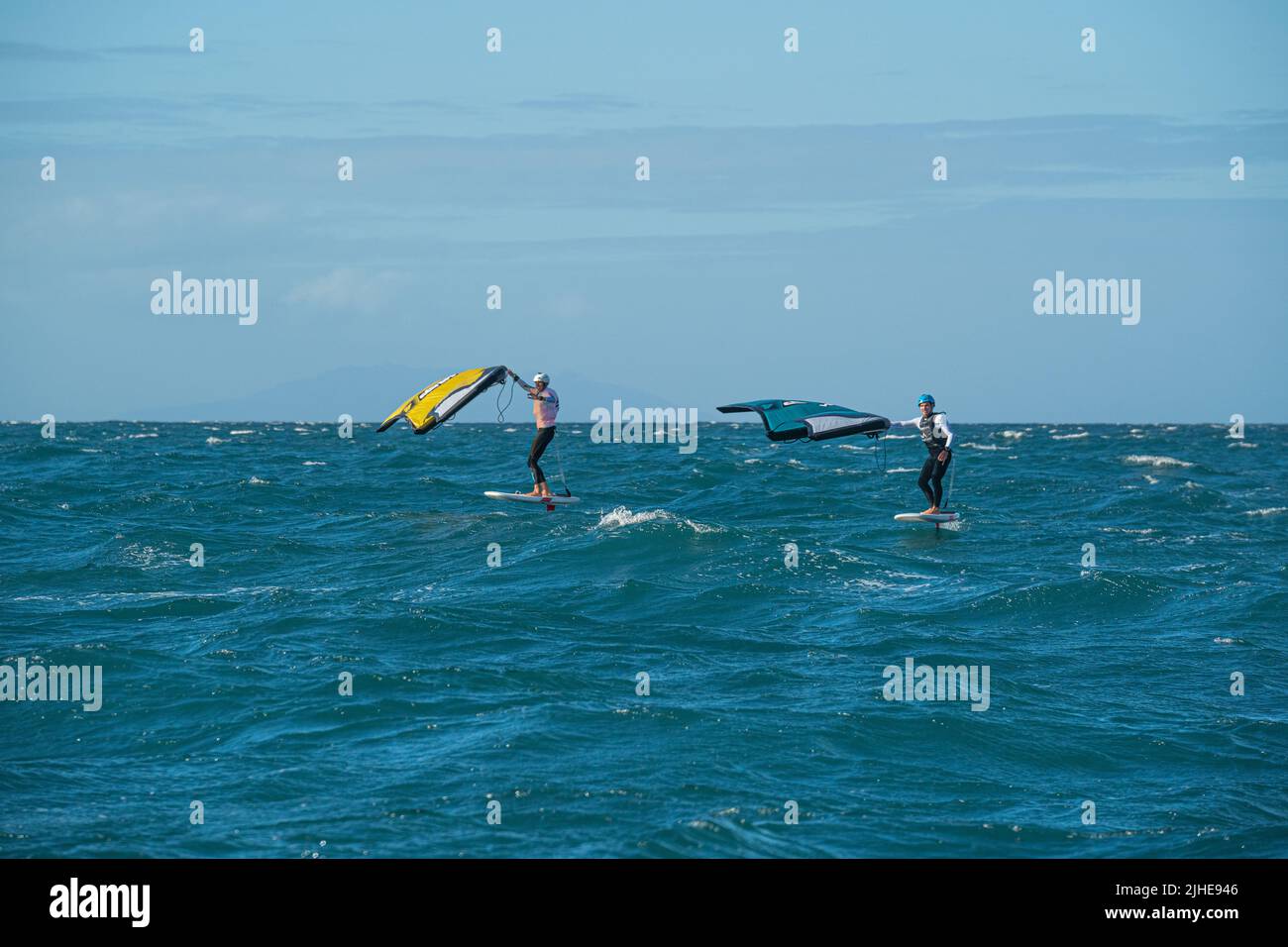 Une aile d'homme fait des feuilles en mer à l'aide d'une aile gonflable à la main, à cheval sur une planche de surf. Baie d'Hauraki, Auckland, Nouvelle-Zélande. Banque D'Images