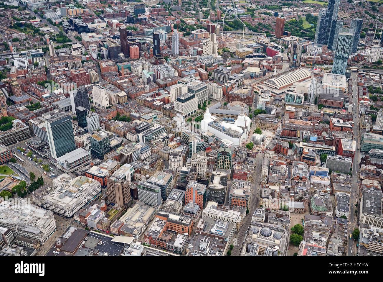 Vue aérienne du centre-ville de Manchester, nord-ouest de l'Angleterre, nord de l'Angleterre, Royaume-Uni Banque D'Images