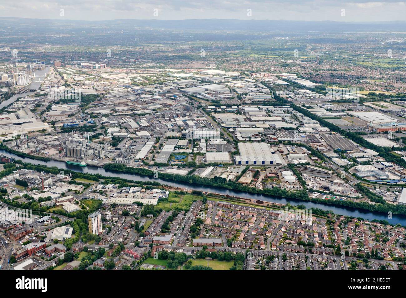 Vue aérienne de la zone industrielle de Trafford Park, Manchester, nord-ouest de l'Angleterre, Royaume-Uni Banque D'Images