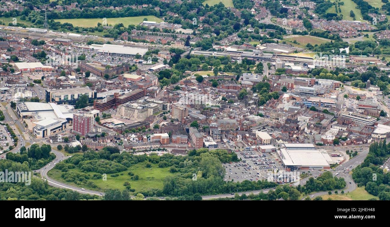 Vue aérienne du centre-ville de Stafford, Staffordshire, West Midlands, Royaume-Uni Banque D'Images