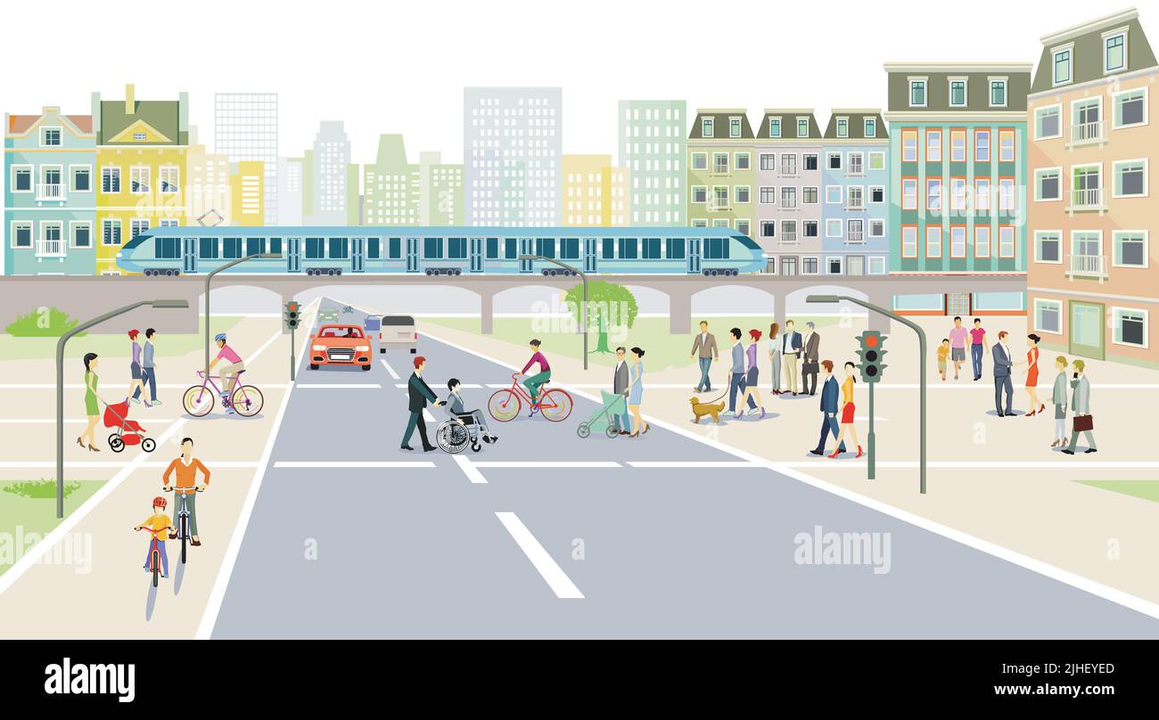 Silhouette de ville avec circulation routière et piétons sur le passage pour piétons, illustration Illustration de Vecteur