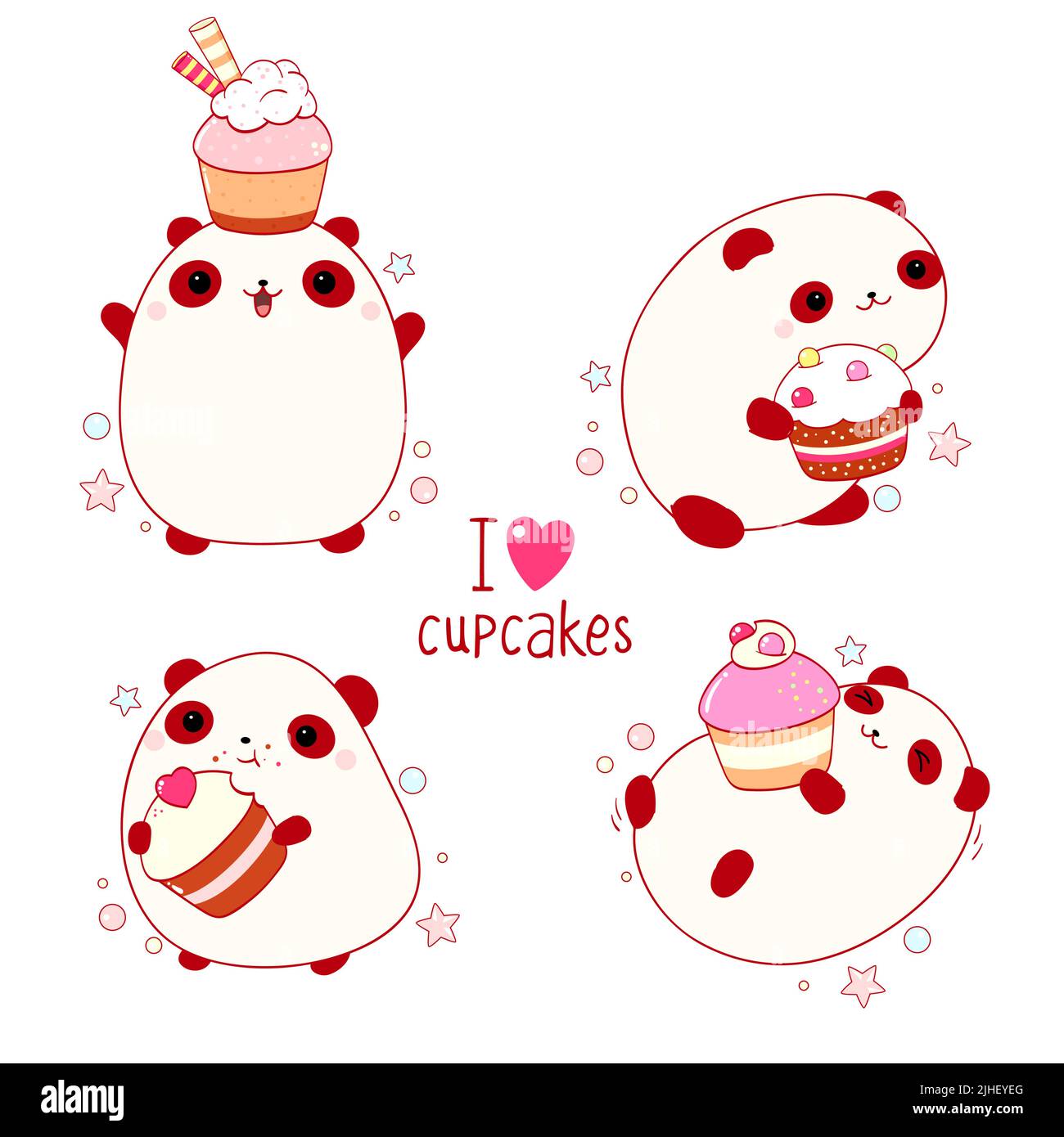 Ensemble d'animaux mignons de style kawaii. Panda gras drôle avec cupcake. Inscription J'aime les cupcakes. Peut être utilisé pour l'impression de t-shirt, les autocollants, les cartes de vœux Illustration de Vecteur