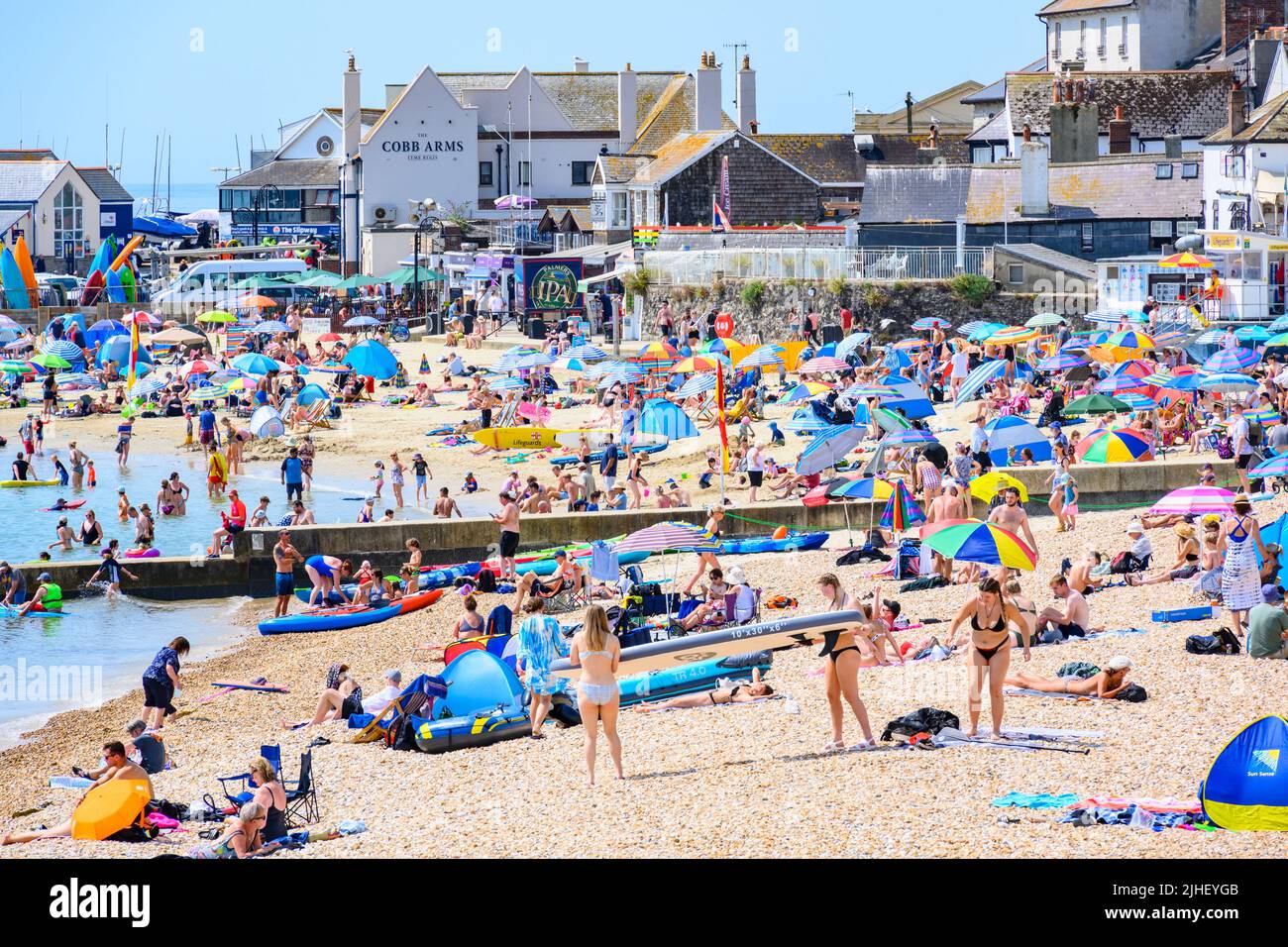 Lyme Regis, Dorset, Royaume-Uni. 18th juillet 2022. UK Weather: La plage de la station balnéaire pittoresque de Lyme Regis était occupée à midi comme les amateurs de soleil se sont prélais dans la vague de chaleur de soleil de manière inquiétante sur 'Meltdown Monday'. Aujourd'hui, les températures atteignent des sommets sans précédent en 40°s dans certaines parties du Royaume-Uni et un avertissement rouge met Office pour « chaleur extrême » est en place. Malgré les avertissements, les gens appréciaient volontiers le soleil aujourd'hui. Credit: Celia McMahon/Alamy Live News Banque D'Images