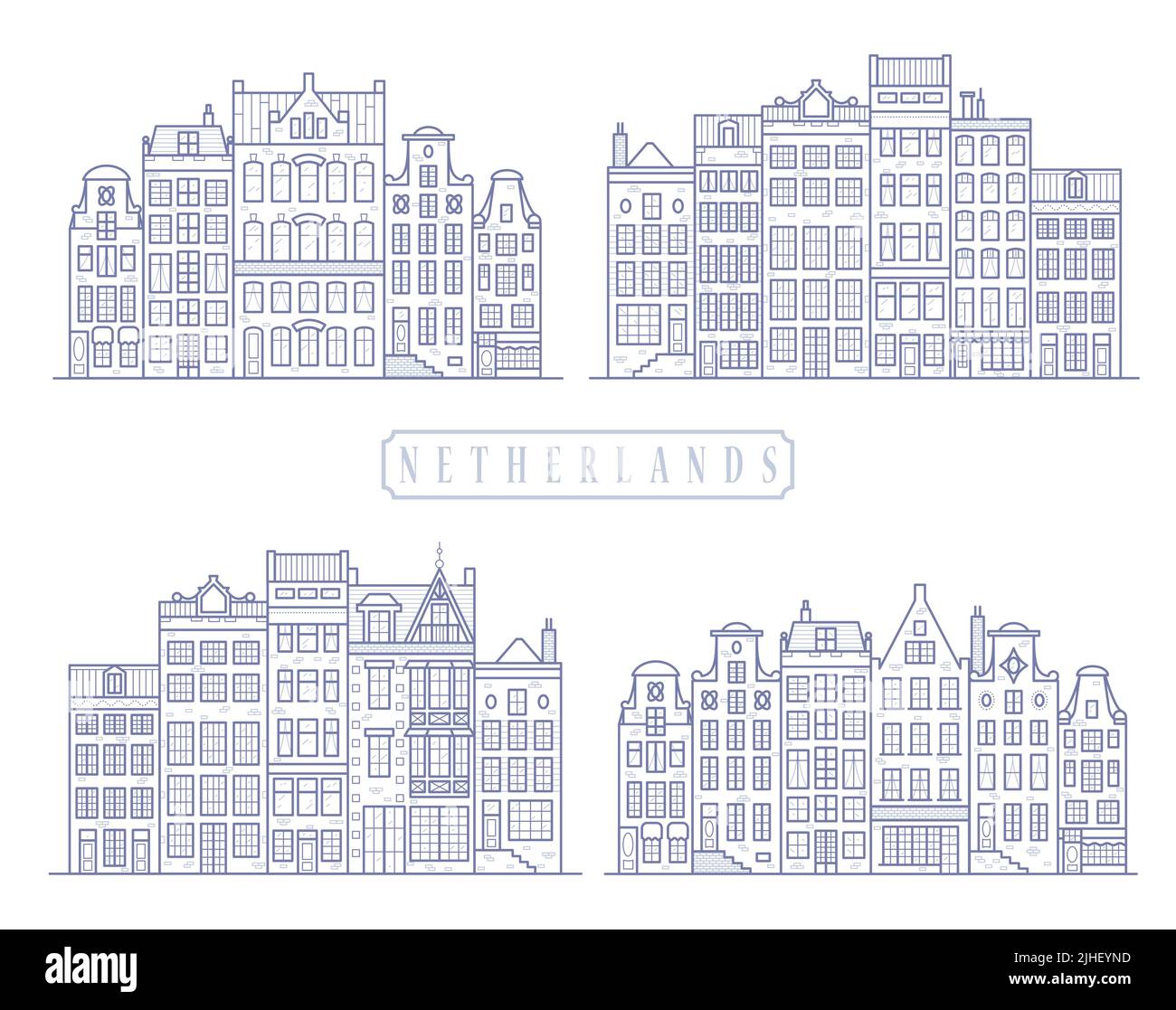 Maisons Row Amsterdam.Façades de vieux bâtiments européens de style scandinave.Les maisons de Hollande.Ensemble de vecteurs Illustration de Vecteur