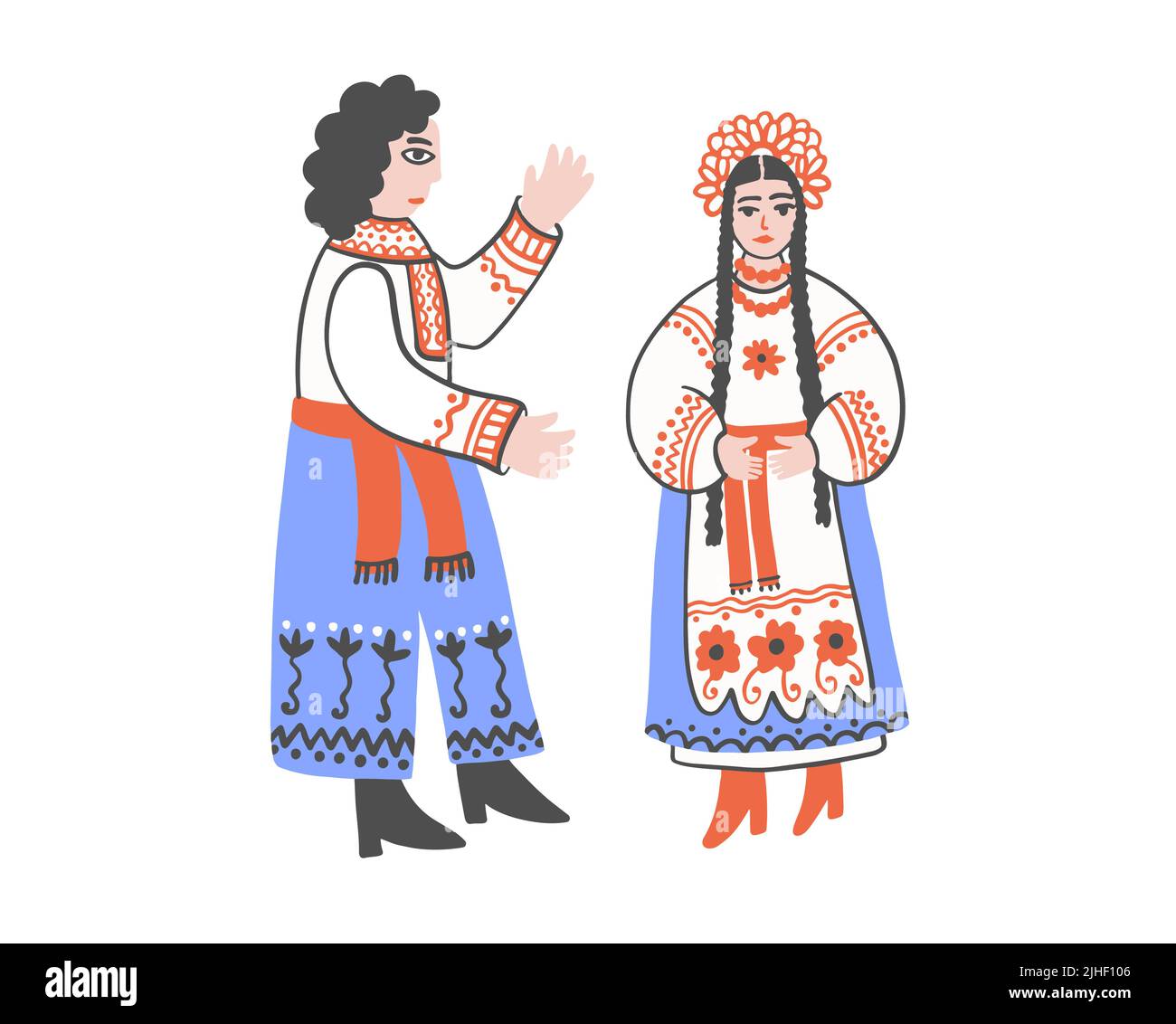 L'homme et la femme en costumes nationaux ukrainiens sont dessinés dans la peinture traditionnelle populaire Illustration de Vecteur