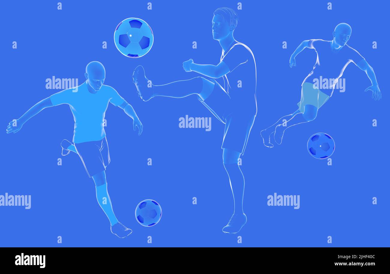 3d illustration de joueurs de football (soccer) dans différentes postures de jeu avec le ballon. Images rognées sur fond bleu. Banque D'Images