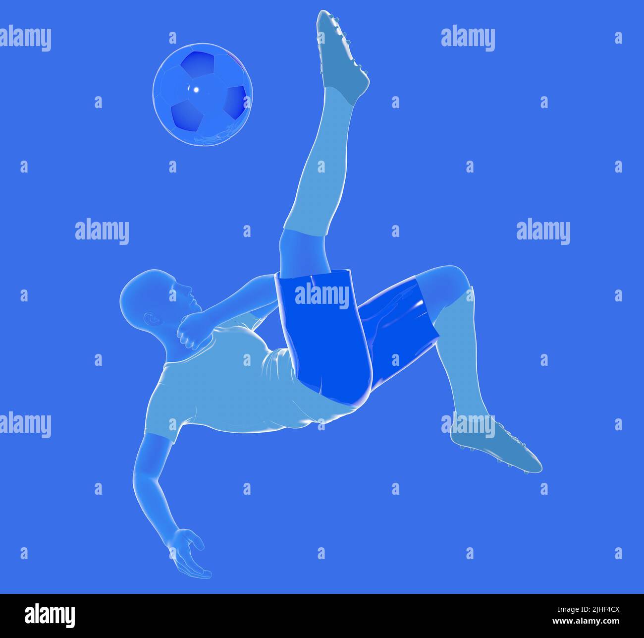 3d illustration d'un joueur de football (soccer) qui fait un mouvement acrobatique avec le ballon. Maillot, short et chaussettes colorées de l'équipe nationale Argentine. Banque D'Images
