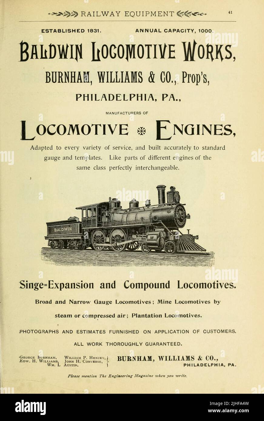 Baldwin Locomotive & train Engine Works from Advertising in « Factory and Industrial Management Magazine » Volume 6 1891 Publisher New York [etc.] McGraw-Hill [etc.] Banque D'Images