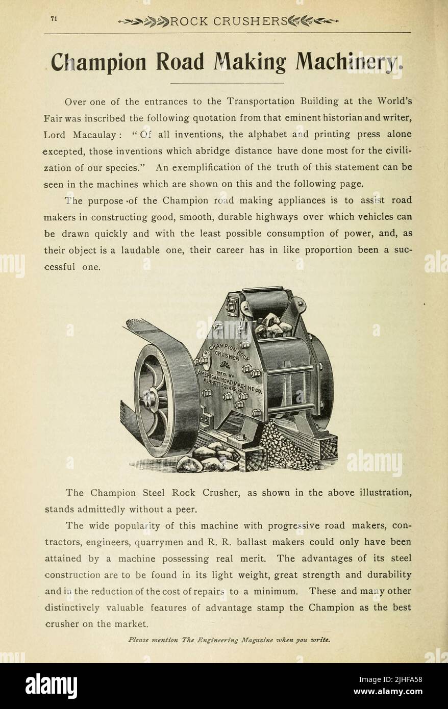 Champion Road Making Machinery from Advertising in « Factory and Industrial Management Magazine » Volume 6 1891 Publisher New York [etc.] McGraw-Hill [etc.] Banque D'Images