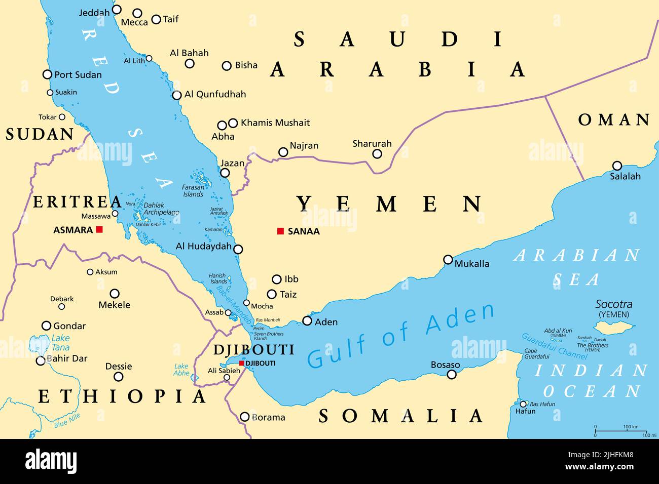Golfe d'Aden, carte politique. Golfe entre le Yémen, Djibouti, le canal de Guardagui, Socotra et la Somalie, reliant l'Arabie et la mer Rouge. Banque D'Images