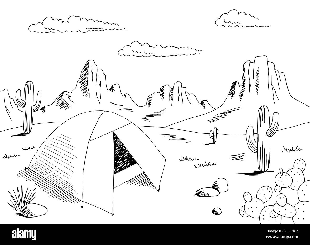 Prairie camping graphique noir blanc désert paysage esquisse illustration vecteur Illustration de Vecteur