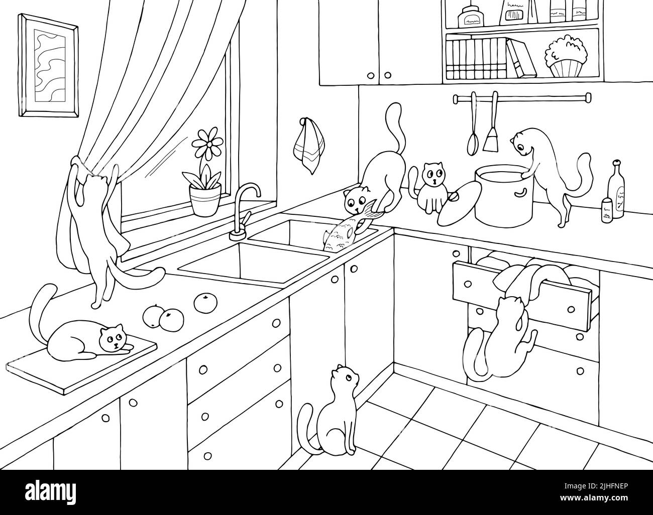 Chat dans la salle de cuisine graphique noir blanc intérieur dessin illustration vecteur Illustration de Vecteur