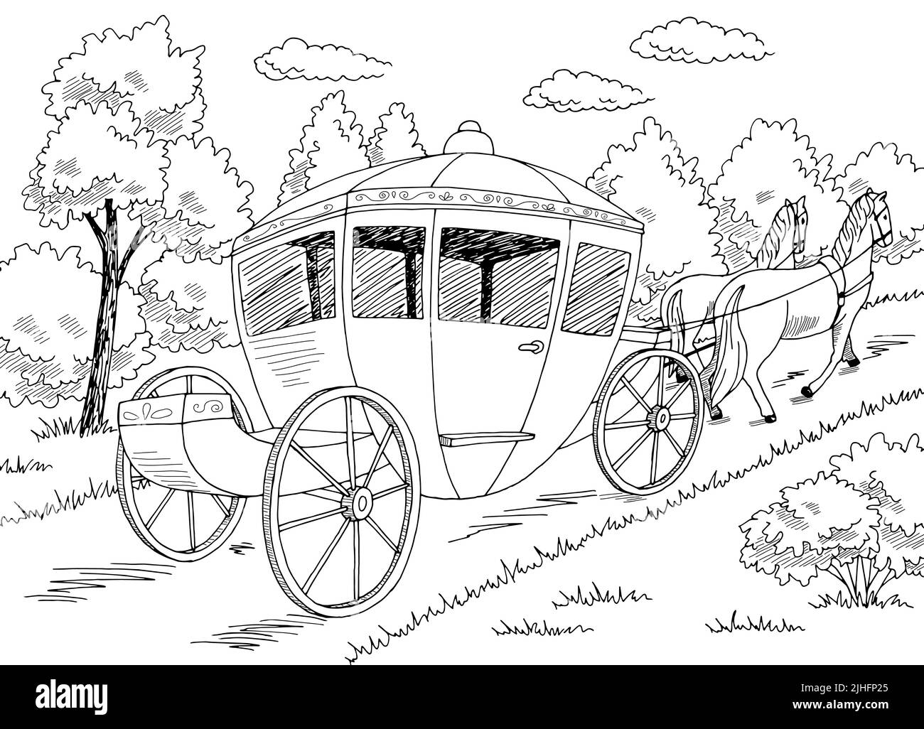 Le chariot se déplace le long de la route graphique noir blanc esquisse vecteur d'illustration paysage Illustration de Vecteur