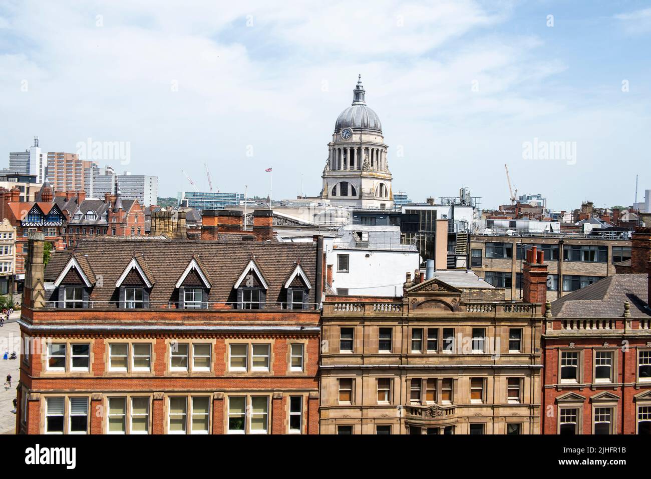 Vue aérienne de Market Square et Wheeler Gate depuis le toit du Pearl assurance Building à Nottingham City, dans le Nottinghamshire, Angleterre Banque D'Images