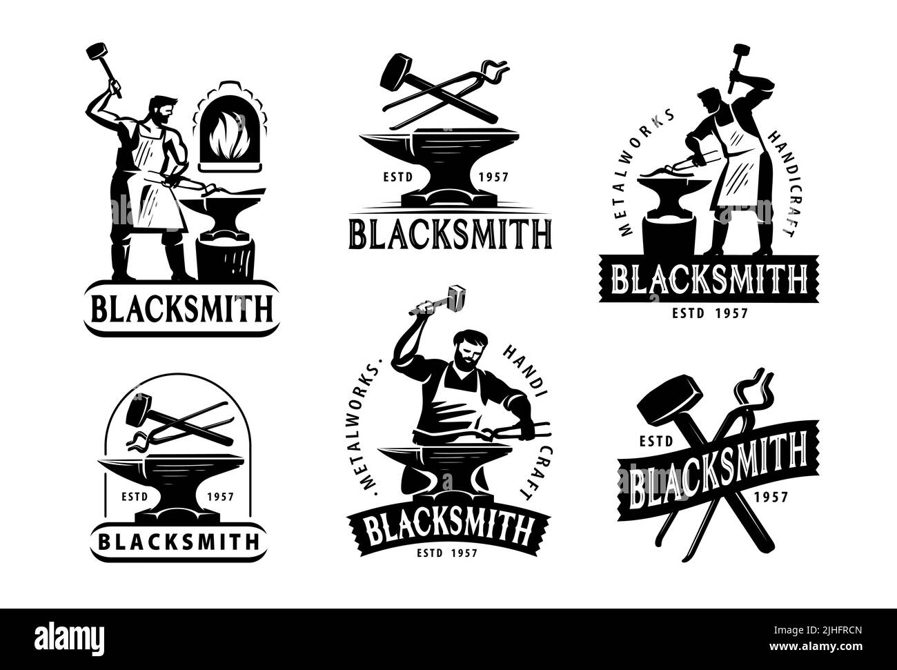 Marteau et enclume, vecteur de jeu de logos industriels. Modèle de conception pour badges, étiquettes pour forgeron et atelier Illustration de Vecteur