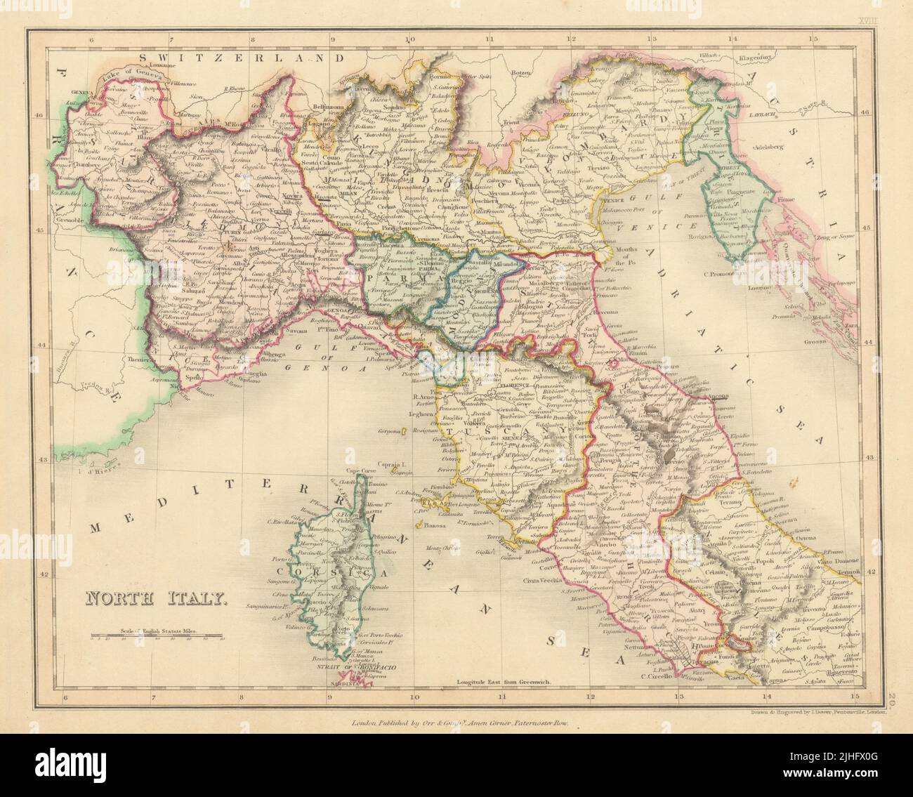 Italie du Nord avec Savoie, Istrie et Alpes-Maritimes. Etats papal. Carte DOWER 1845 Banque D'Images
