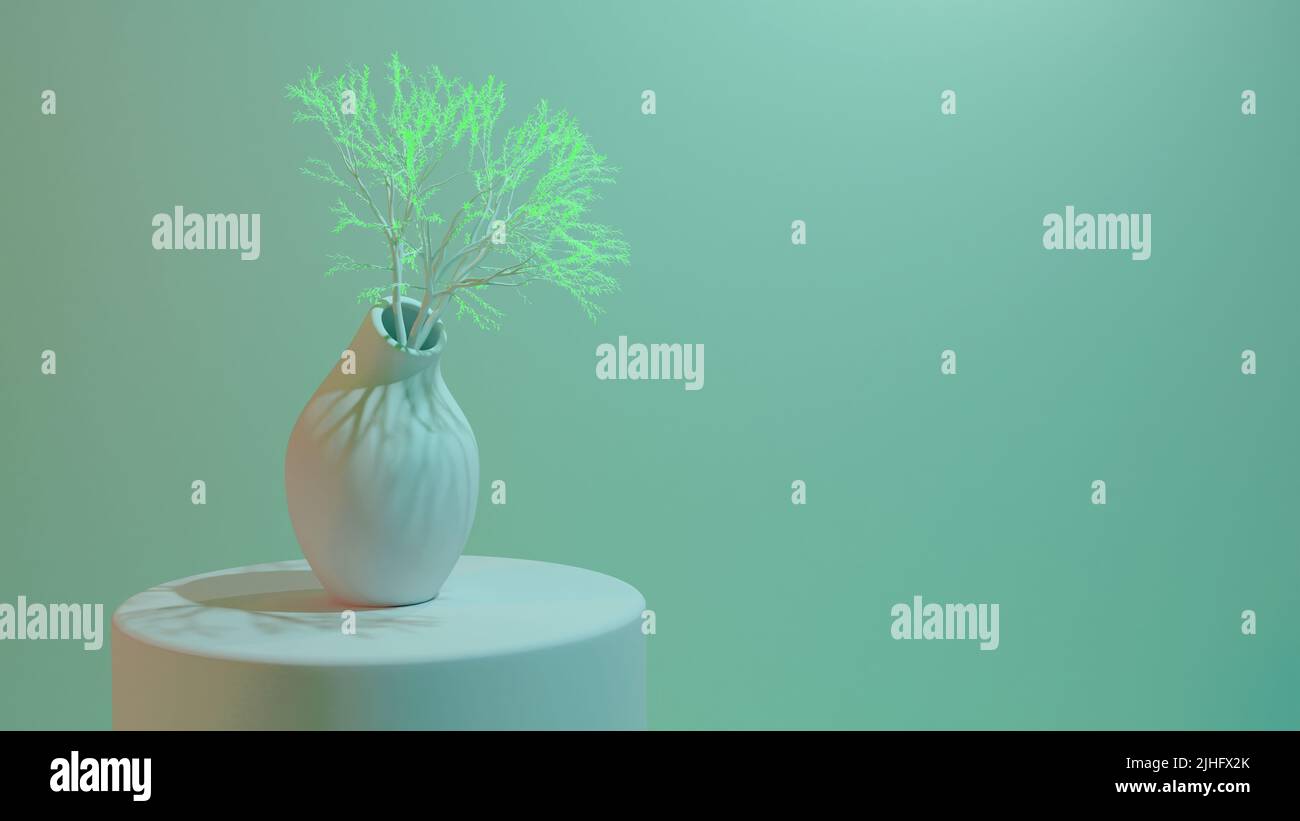 Une scène abstraite dans des tons verts avec un bouquet dans un vase sur un podium cylindrique et un espace libre dans le cadre. Une branche d'un arbre fictif dans un blanc Banque D'Images