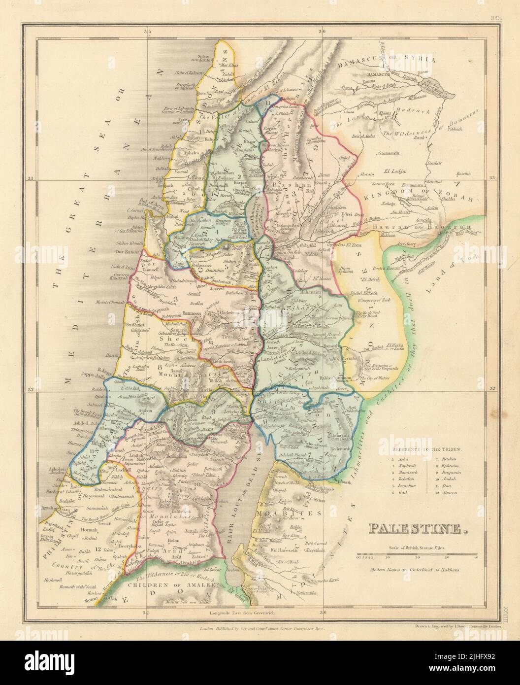 Palestine. 12 tribus d'Israël. Jordanie de l'Ouest et Liban du Sud. Carte DOWER 1845 Banque D'Images