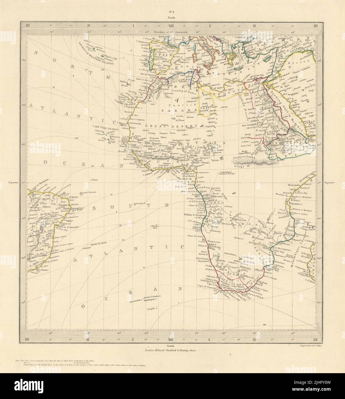 AFRIQUE Europe du Sud Brésil projection Gnomonique. Montagnes de Kong. Carte SDUK 1856 Banque D'Images